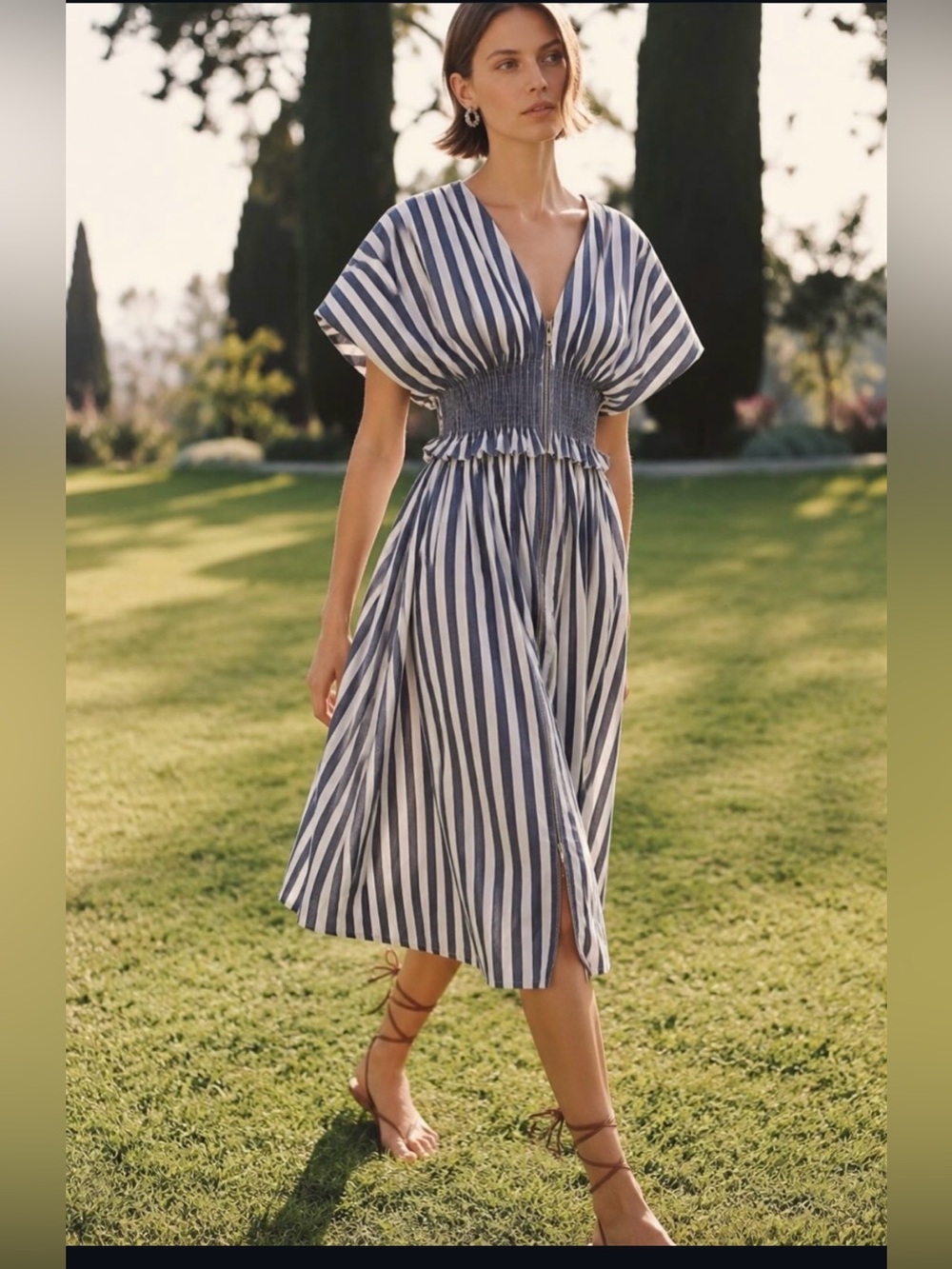 Anthropologie Vertical Stripe V-Neck Smocked Midi Dress - Blue & White